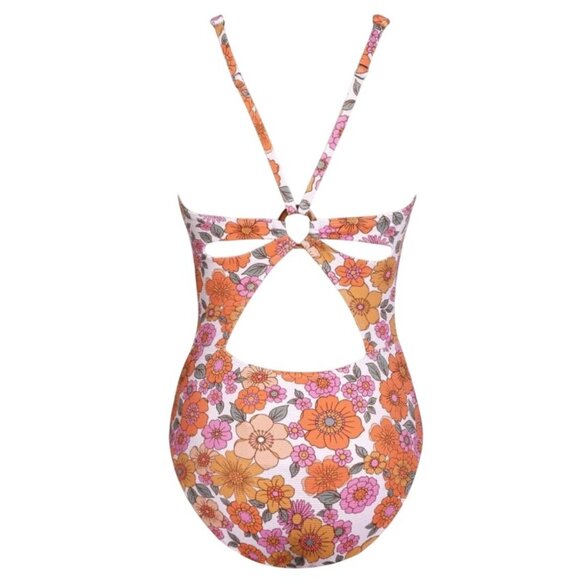 Cupshe Women Small 1PC Swimsuit Orange Floral V Neck Keyhole Cutout O Ring Cheek - Picture 6 of 10